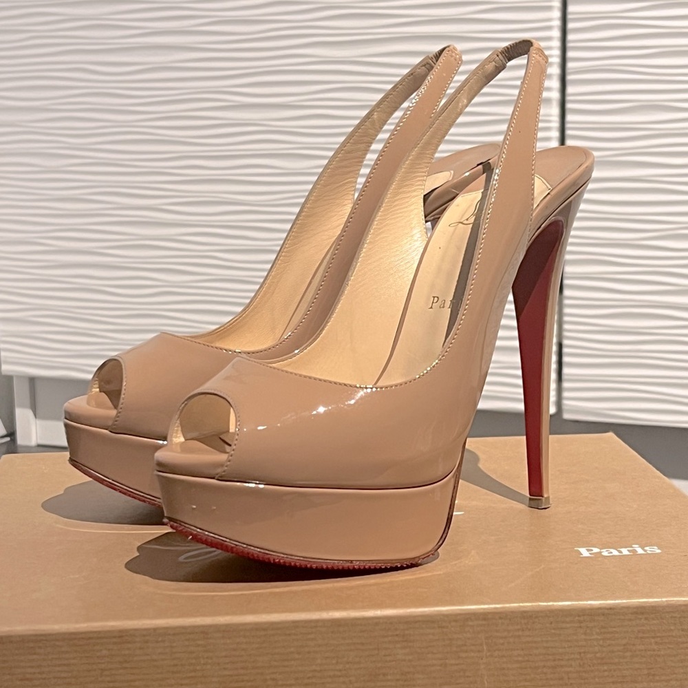 Christian Louboutin Beige Patent Leather Lady Peep Slingback Pumps Size 38.5